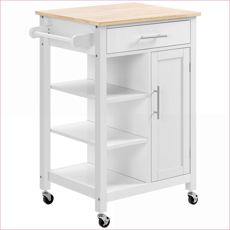 Chariot roulant pour îlot de cuisine avec rangement, plateau en bois d'hévéa massif Tiroir | Blanc neige | Panneau de fibres à densité moyenne