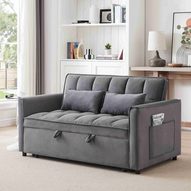 55.1-Inch 3-In-1 Convertible Sofa Bed, Modern Velvet Double Sofa Futon Sofa Bed With Adjustable Back, Storage Bag And Pillow, For Living Room, Bedroom