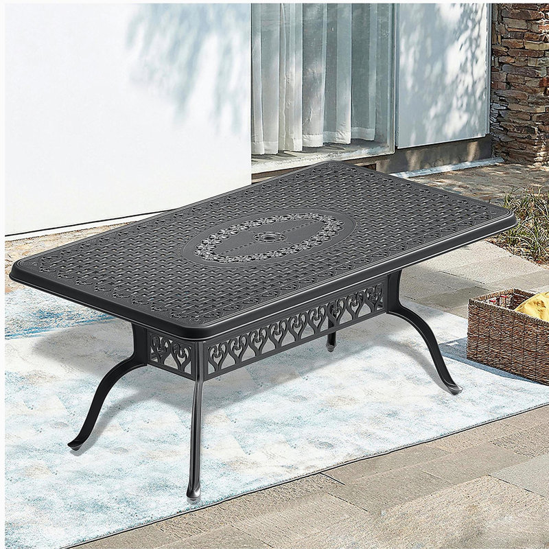Table de salle à manger L66.93 * l 37,4 pouces en fonte d'aluminium avec structure noire et trou pour parasol