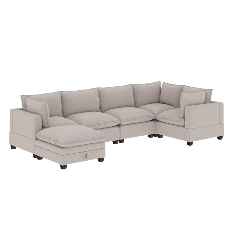 Somerdale Modern Upholstered Cloud Sectional With Ottoman, 39.4" H x 145.8" W x 76.4" D, Textured Gray Linen