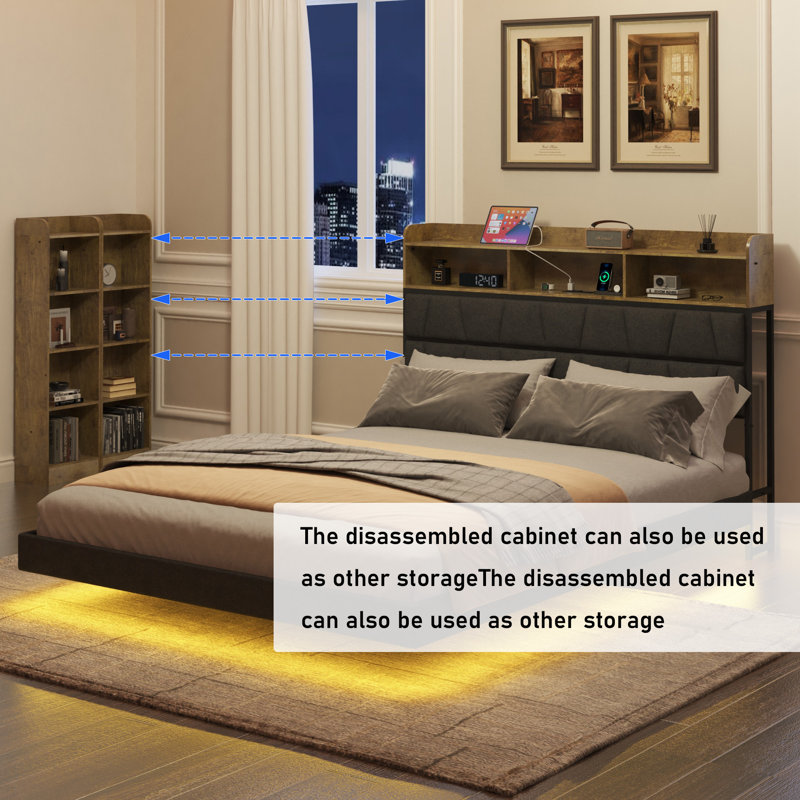 Upholstered Platform Floating Bed with Bookcase Storage Headboard