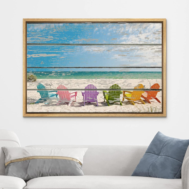 «Coastal Beach Colorful Beach Chairs on White Soft Sand», impression sur toile tendue, H 24 po x l 36 po, Cadre flottant noir