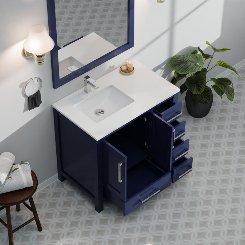 Bath Vanity with Left Offset White Quartz Top and Faucet Set, Navy Blue