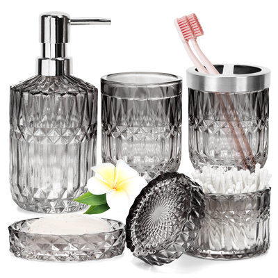 Ensemble d'accessoires de salle de bain, ensemble de distributeur de savon de salle de bain 5 pièces, accessoires de salle de bain en verre avec distributeur de savon en verre, porte-savon, porte-brosse à dents, gobelet, pot de coton-tige (noir dégradé et transparent)