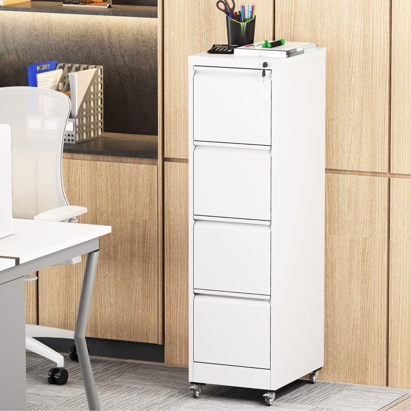 Classeur à 4 tiroirs sur roulettes blanc, métal, barre réglable pour le format lettre, système d'inclinaison, assemblage simple, armoire verticale nécessitant peu d'entretien, blanc, documents et objets de rangement sécurisés, caractéristique,