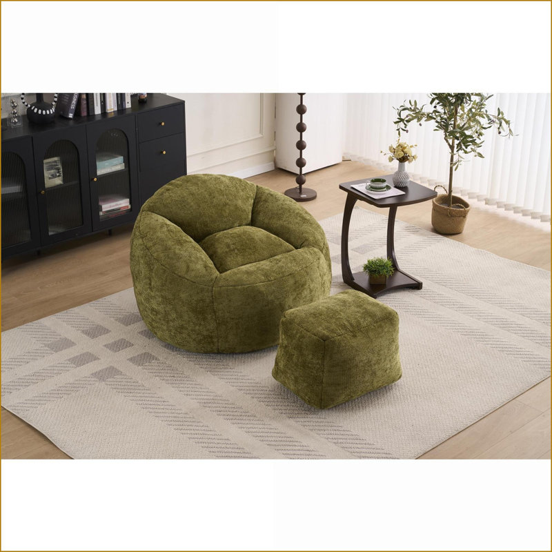 Plush Memory Foam Bean Bag Chair for Adults &amp; Teens – Lazy Sofa | Chenille | Round, Green Chenille