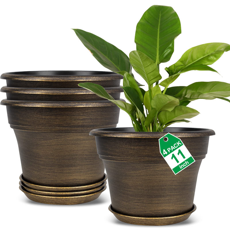 Plastic Flower Plant Pots Set of 4, Gold, 7.7" H x 11" W x 11" D