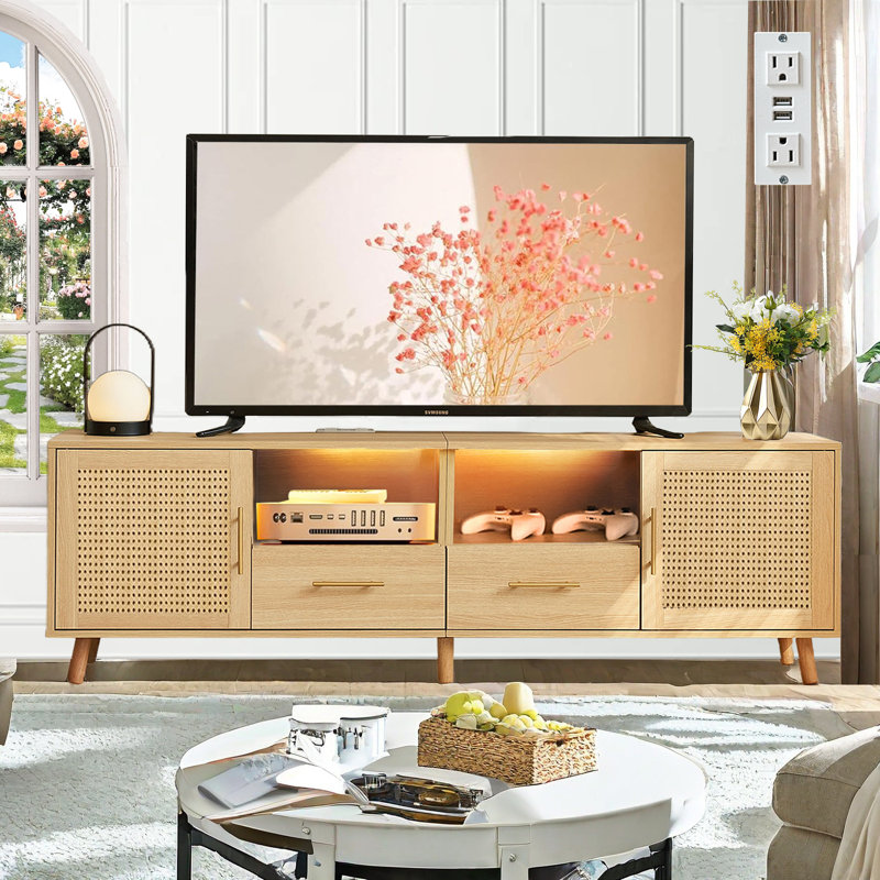 Natural Wood and Rattan TV Stand with LED Lights