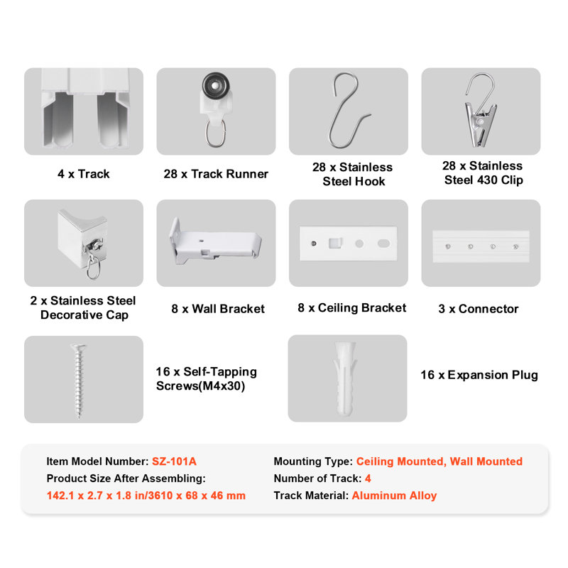 Ceiling Curtain Track Set Room Divider with Hooks White, 142.13" W