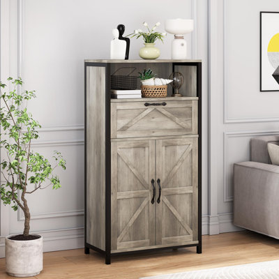 Farmhouse Storage Cabinet, Floor Cabinet With Barn Doors And Drawer, Wood Kitchen Cabinet With Metal Frame, Freestanding Cupboard, For Bathroom, Living Room, Entryway, Grey