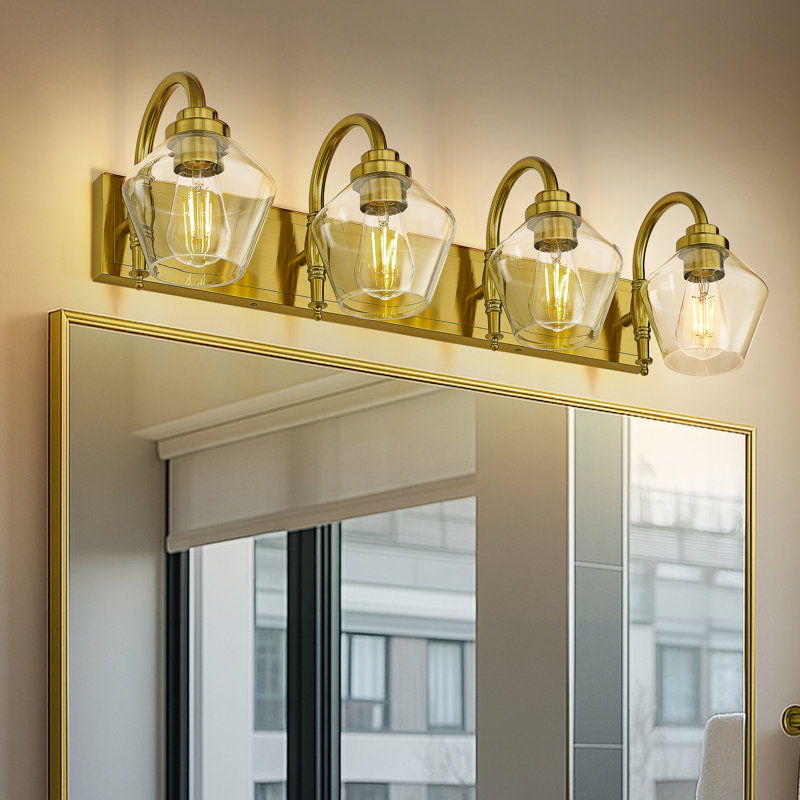Meuble-lavabo à 4 lumières en verre clair de style campagnard, or brossé, H 10,6 po x l 31,9 po x P 10,23 po, Or brossé