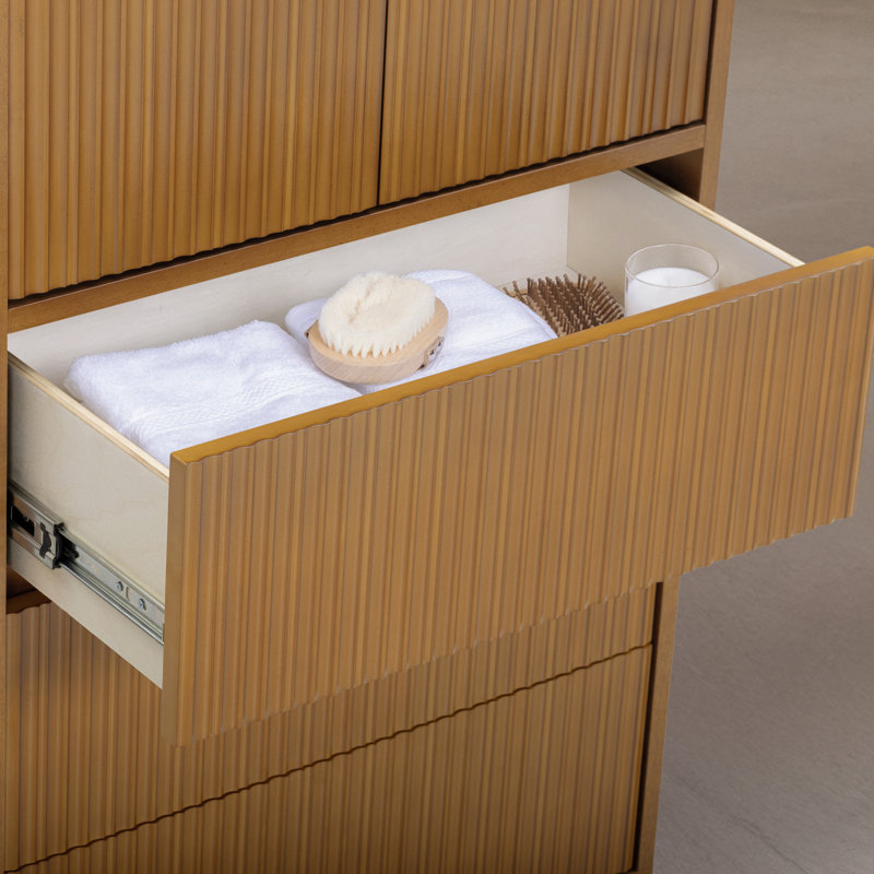 Tremolo Modern Linen Cabinet 2 Doors & 3 Drawers With Fluted Wood Fronts Accent for Bathroom Storage Organization, Natural