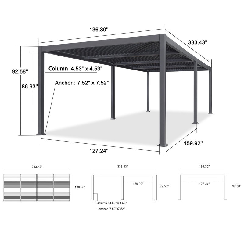 Aluminum Louvered Pergola, 92.58"H x 333.43"W x 136.30"D