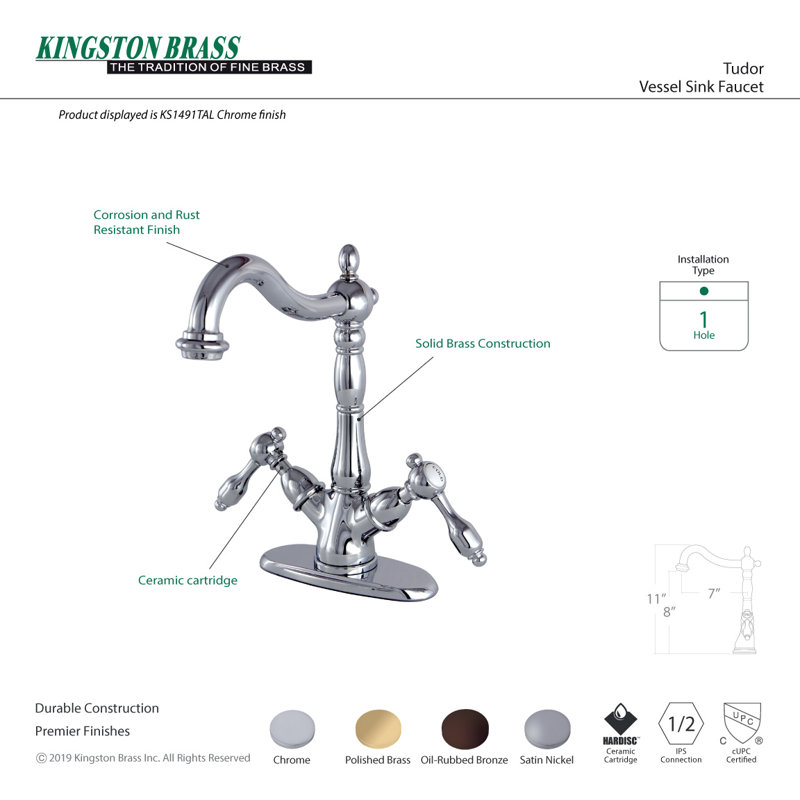 Kingston Brass Tudor Two-Handle 1-or-3 Hole Deck Mount Vessel Faucet, Oil Rubbed Bronze