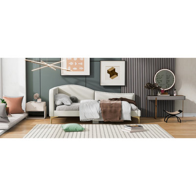 Beige Linen Daybed With Headboard, Armrest And Solid Leg Construction - Classic Appeal Stable Headboard , Comfortable