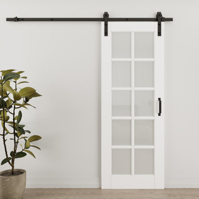 Porte de grange coulissante en verre givré blanc et bois manufacturé 10 Lite avec trousse de quincaillerie d'installation (aucun assemblage requis)