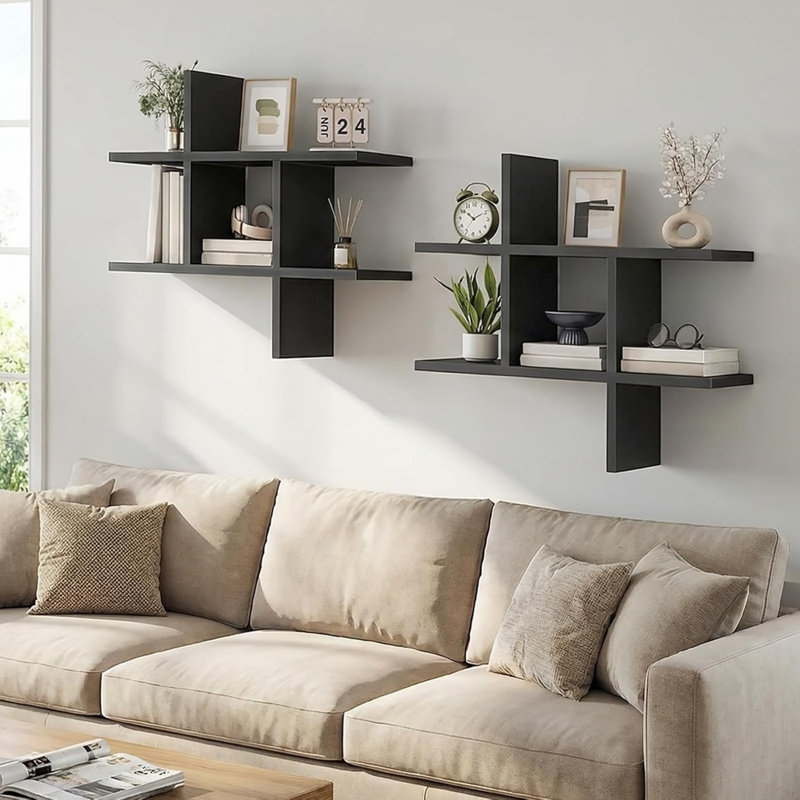 Accent Shelves Set of 2, Wall-Mounted Display Shelves for Living Room, Study Black