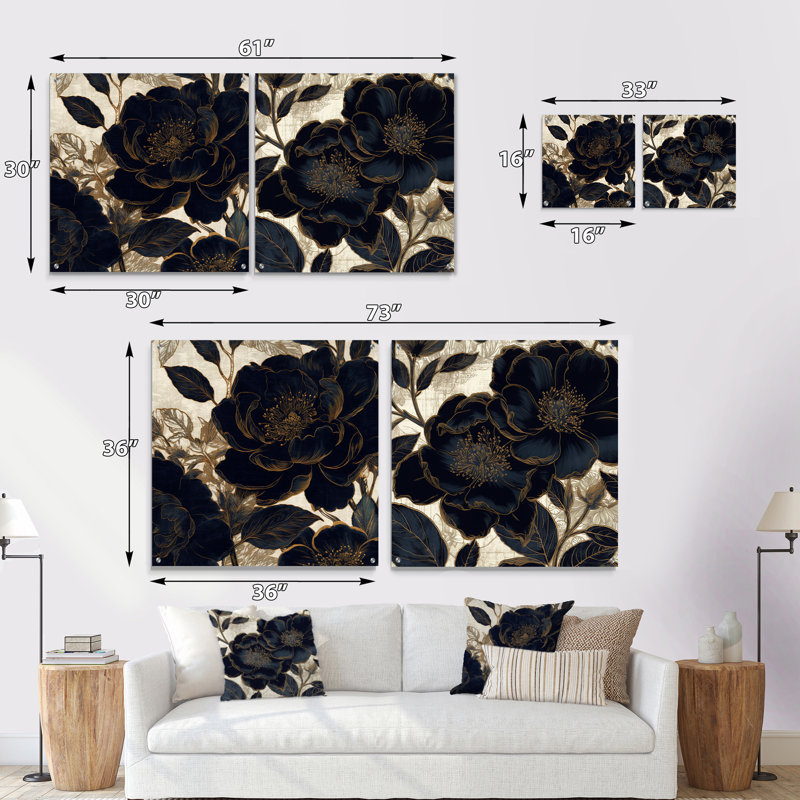 Blue Gold Peony Celebration I - ensemble de 2 peintures murales en acrylique, H 36 po x l 73 po