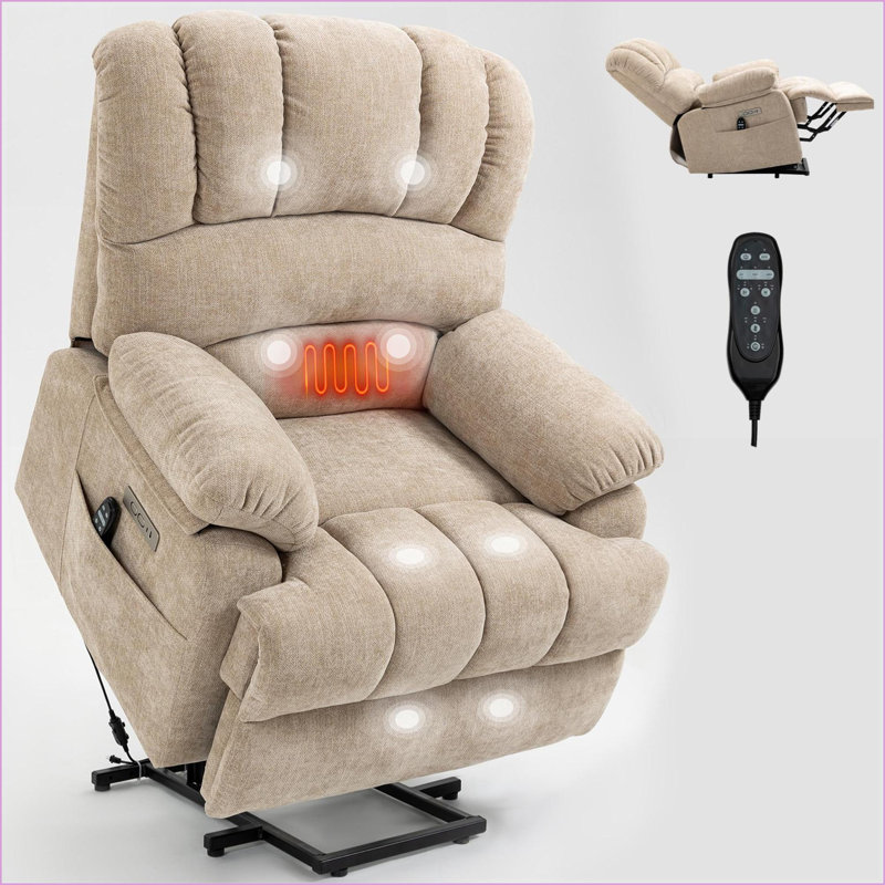 Chenille Power Lift Recliner Chair with 8-Point Vibration Massage and Lumbar Heating, Beige