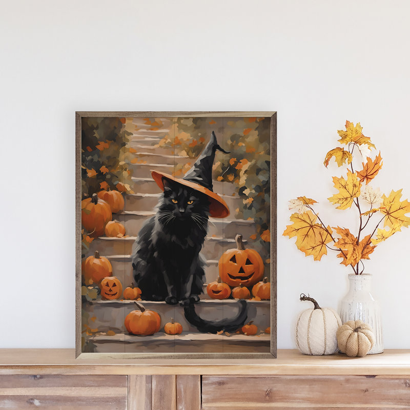 «Chat d'Halloween avec chapeau» sur bois, H 10 po x l 8 po
