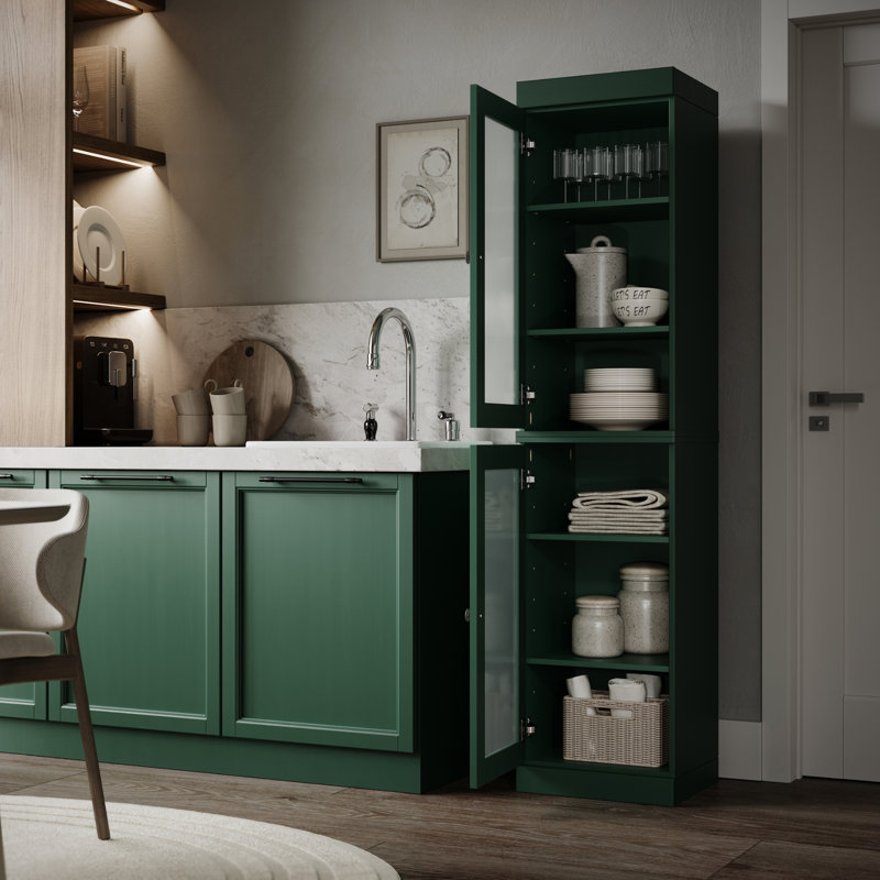 Garde-manger Jaylena 100% bois massif 16,5 po avec portes en verre givré et tablettes réglables, Vert