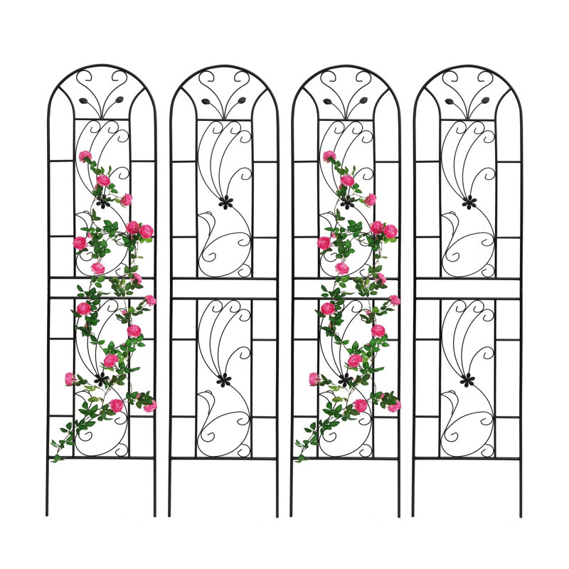 Ensemble de 4 treillis de jardin en métal 86,7 po x 19,7 po - Support de plante grimpante antirouille pour fleurs d'extérieur, vignes, patio, cour, style paon, noir