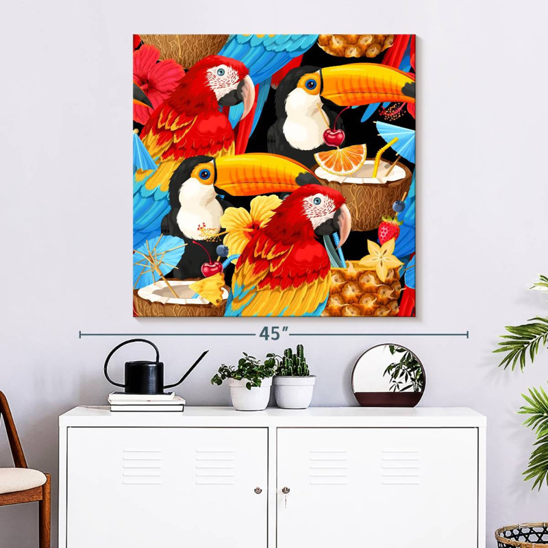 Crowle, cocktails tropicaux et oiseaux, H 33 po x l 33 po