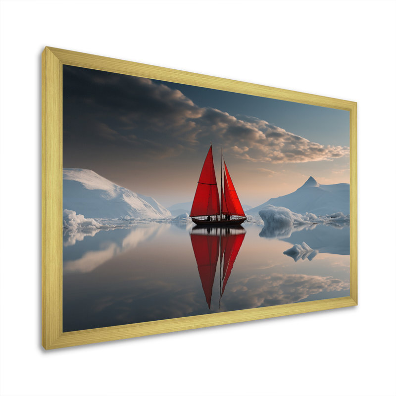 Voilier rouge arctique - impression sur toile, H 34 po x l 44 po x P 1,5 po, Cadre doré à une seule photo