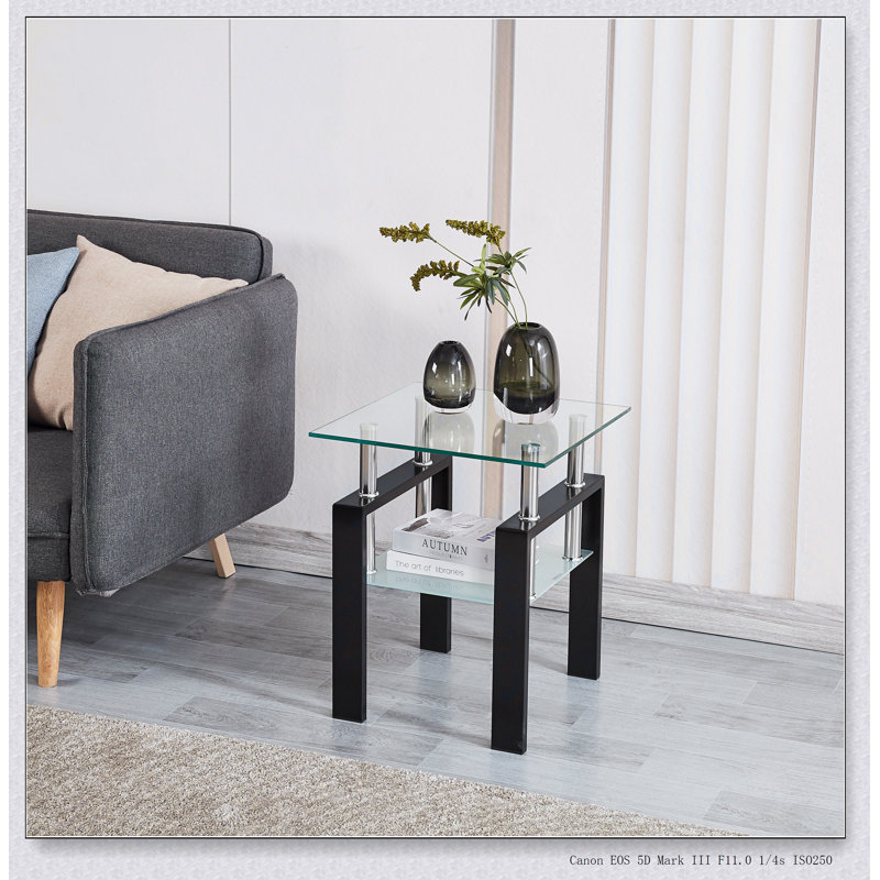 Table de bout en verre trempé transparent, petite table avec rangement à 2 couches, table d'appoint de salon