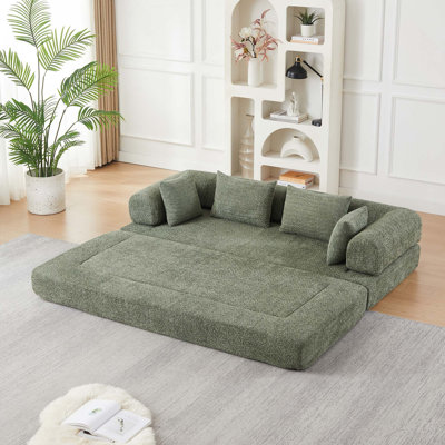 Chenille Convertible Folding Sleeper Loveseat Sofa with 2 Back Cushions & 2 Throw Pillows & Removable Armrests