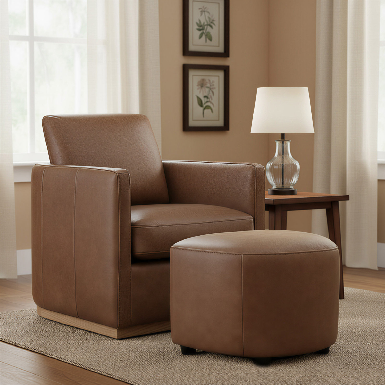 Bobbi 22" Genuine Leather Ottoman, Tan