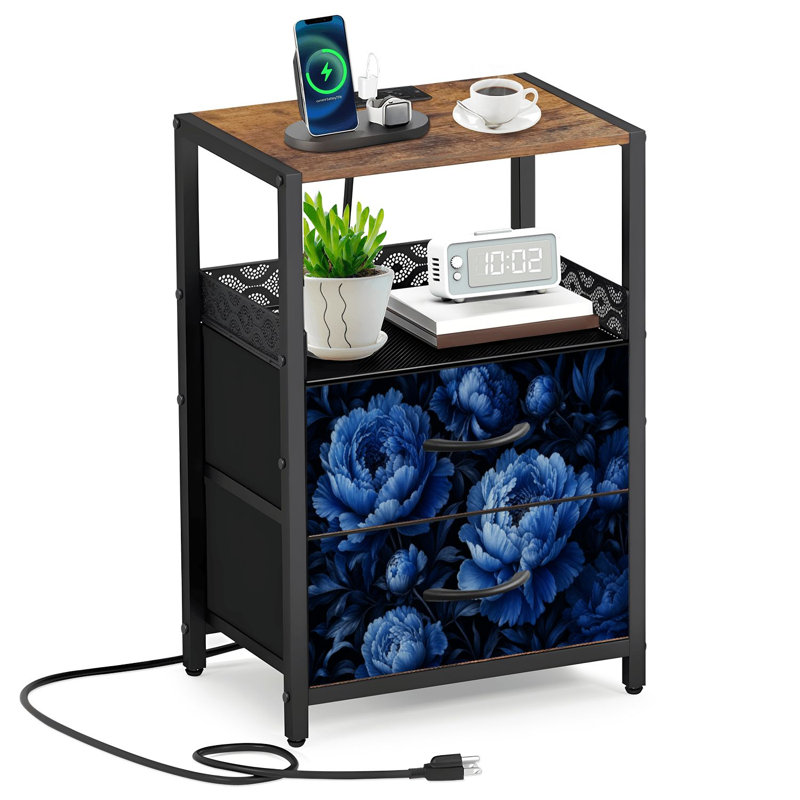 Table de chevet à 2 tiroirs en tissu avec station de charge et pivots floraux bleus