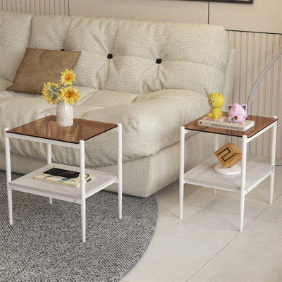 Ensemble de 2 tables de bout rectangulaires, plateau en verre trempé avec panneau de fibres à densité moyenne, table moderne pour le salon, verre brun