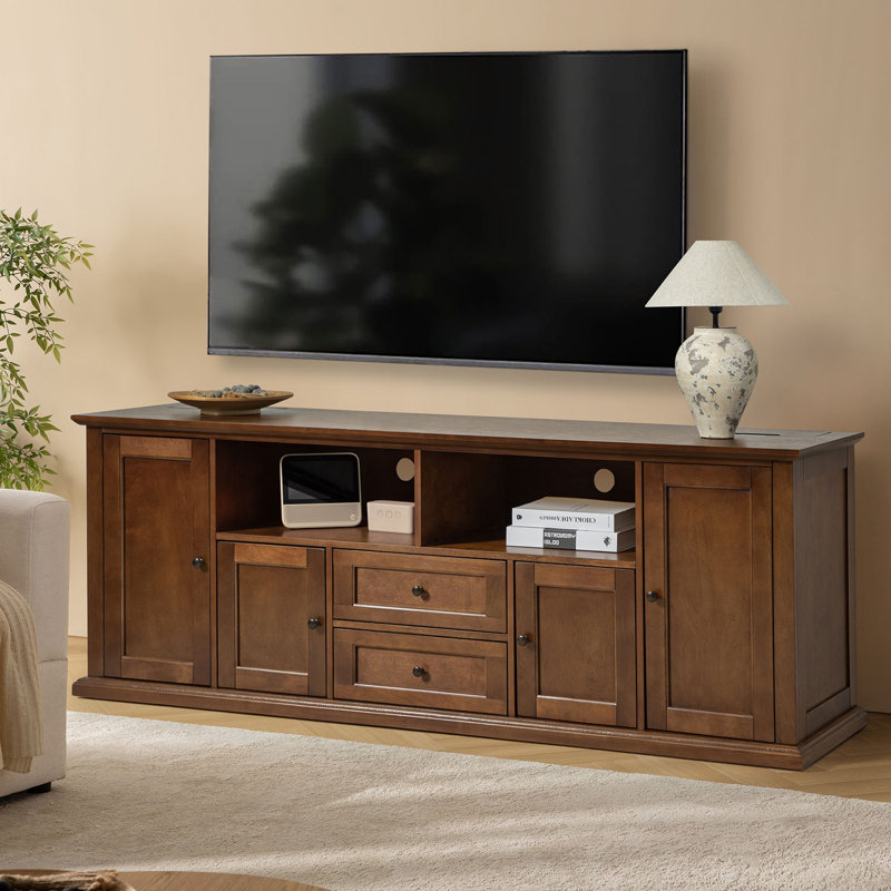Tinslee 72"W  Traditional TV Stand Charging Station with Cable Management and LED Lighting Strips, Walnut