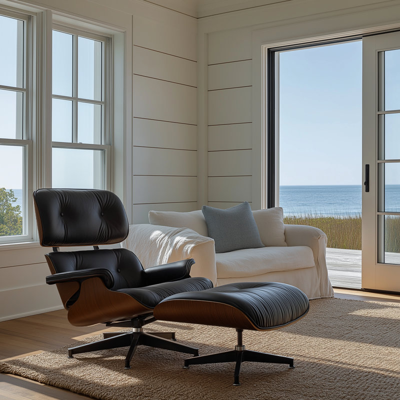 Swivel Accent Chair With Ottoman In Top Grain Leather, Black/Brown Walnut