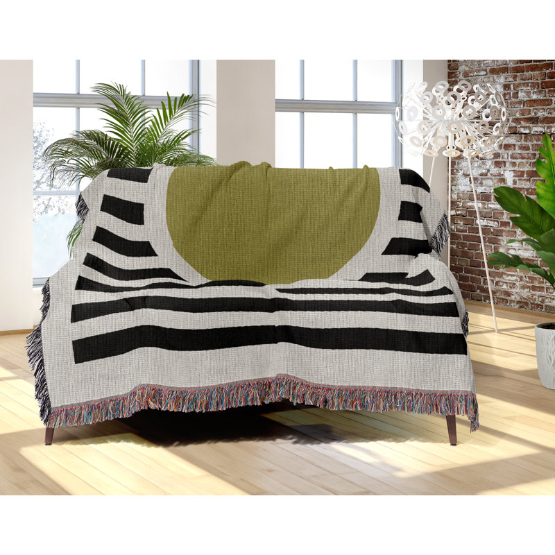 Jeté de lit rond en mélange de coton, L 80 po x l 60 po, Noir / chartreuse / blanc cassé