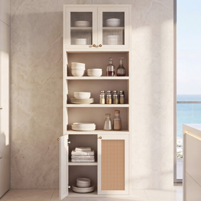 Armoire de rangement pour garde-manger haute de hauteur, armoire de cuisine moderne très profonde de 15,8 po de hauteur, armoire avec tablette ouverte et rangement fermé, organisateur anti-basculement autoportant pour la cuisine