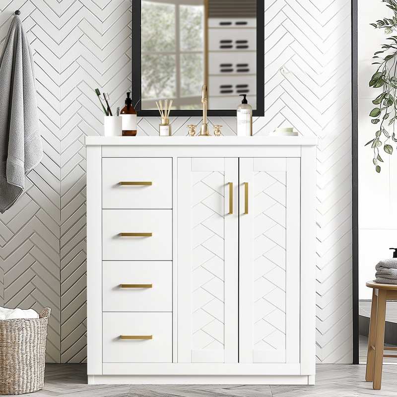 30'' Bathroom Vanity With Ceramic Sink Combo,Solid Wood Frame Bathroom Storage Cabinet, White