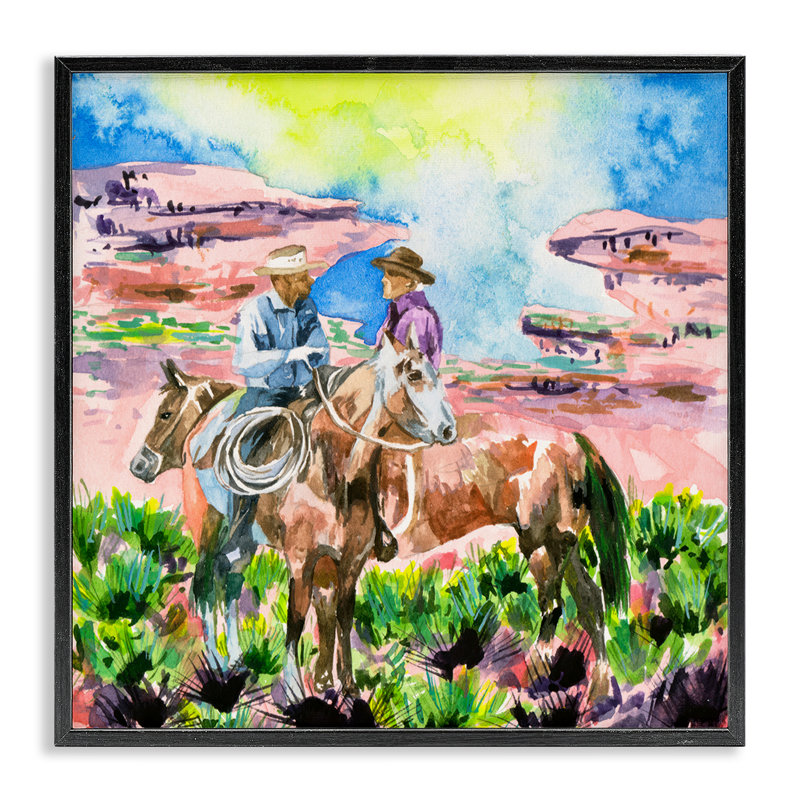 Cowboy Duo in Canyon, art de la giclée encadrée par Melissa Wang, Giclée encadrée noir minuit, H 17 po x l 17 po