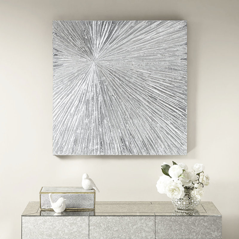 Décoration murale abstraite en résine 30 po x 30 po - Argent métallique peint à la main, cintres dimensionnels pour l'intérieur