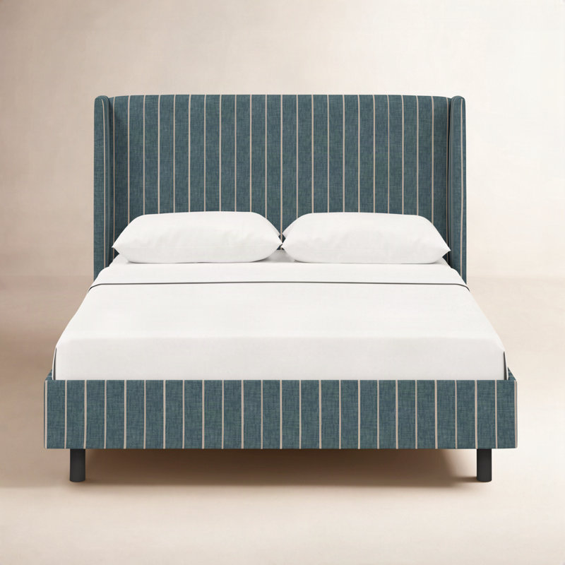 Sakir Upholstered Pine Wingback Bed, Twin, Fritz Indigo Stripe