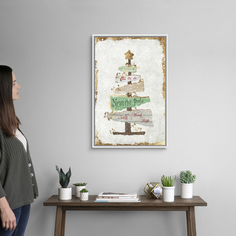 Arbre de Noël doré-impression d’art textuel sur toile, H 32 po x l 22 po x P 1,75 po, Cadre blanc