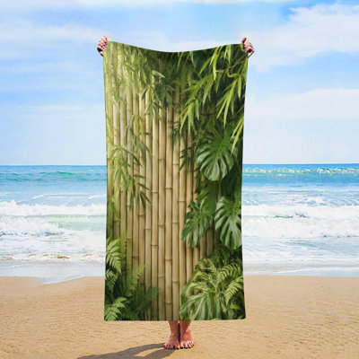 Serviette de plage murale en microfibre ultra-absorbante, 81 x 160 cm, motif bambou et feuillage, séchage rapide, sans sable, idéale pour les vacances d'été et la plage. Dimensions : 81 x 160 cm.