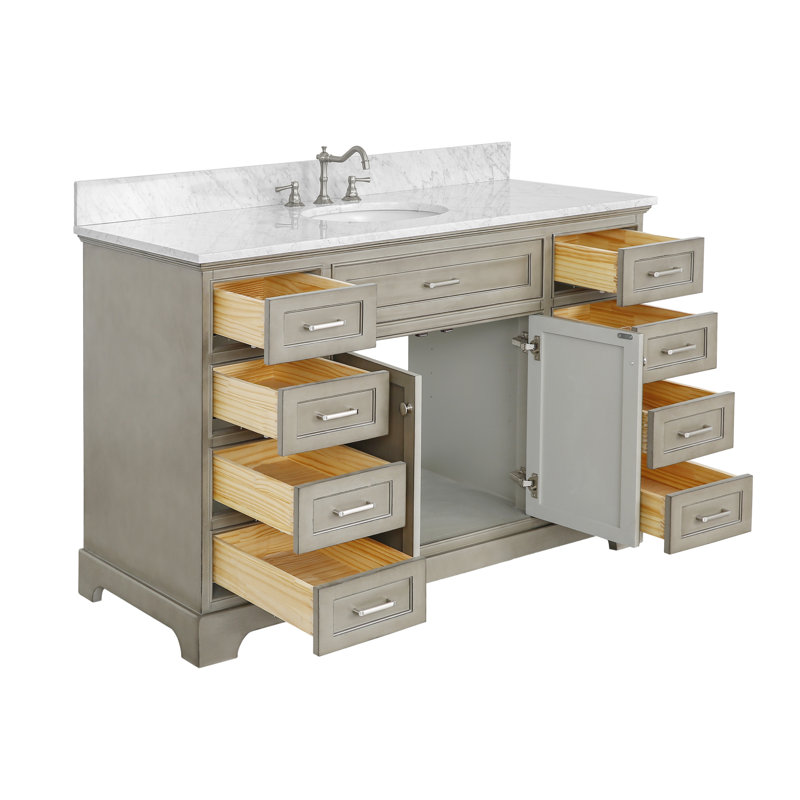 Ensemble de meuble-lavabo simple 60 po avec comptoir gris vieilli Ronnie, Marbre de Carrare, Gris patiné