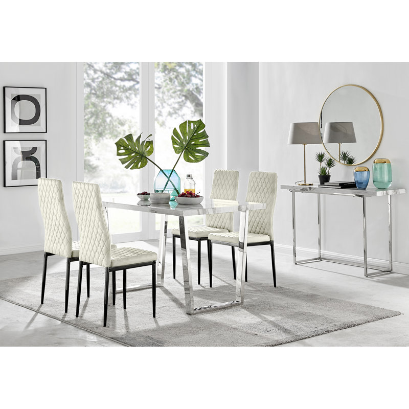 Edzard Marble Effect & Chrome Metal Rectangular Dining Table Set - 4 Luxury Velvet Dining Chairs, White Marble/Silver