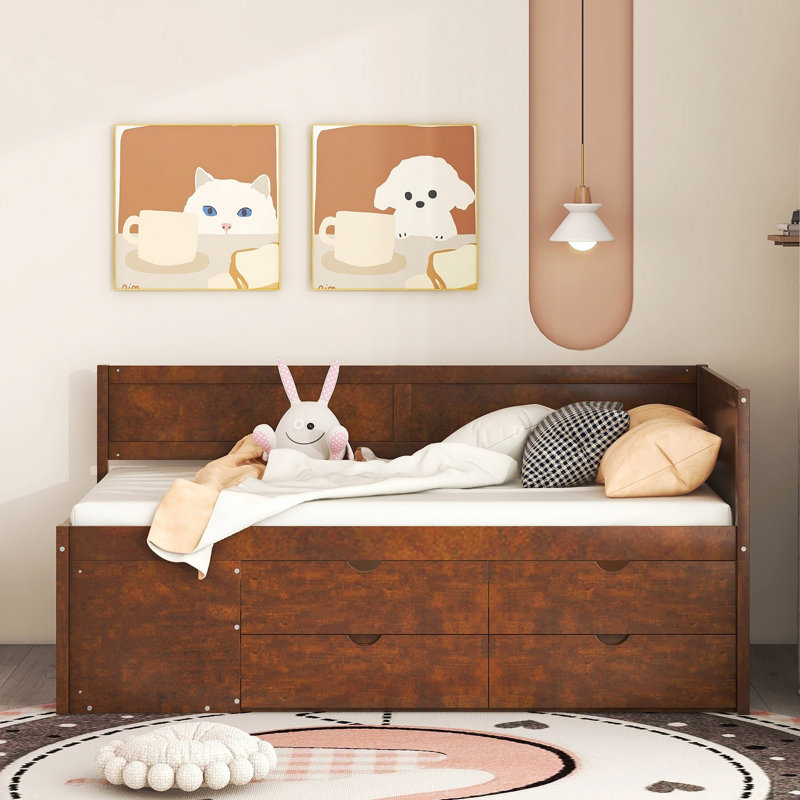 Lit de jour simple avec tiroirs et tablettes, Brun