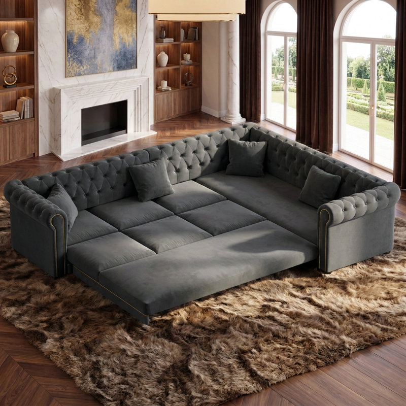Canapé modulaire en L 115,3 po avec lit escamotable Chesterfield, Gris