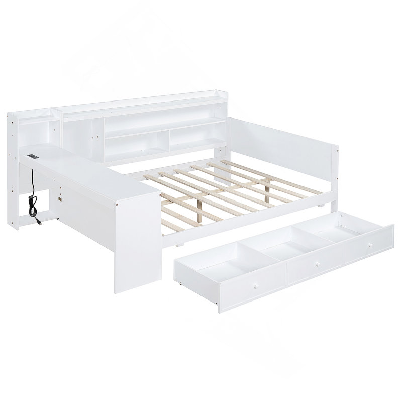 Lit de jour en bois avec 3 tiroirs, ports USB et bureau, gris, Double