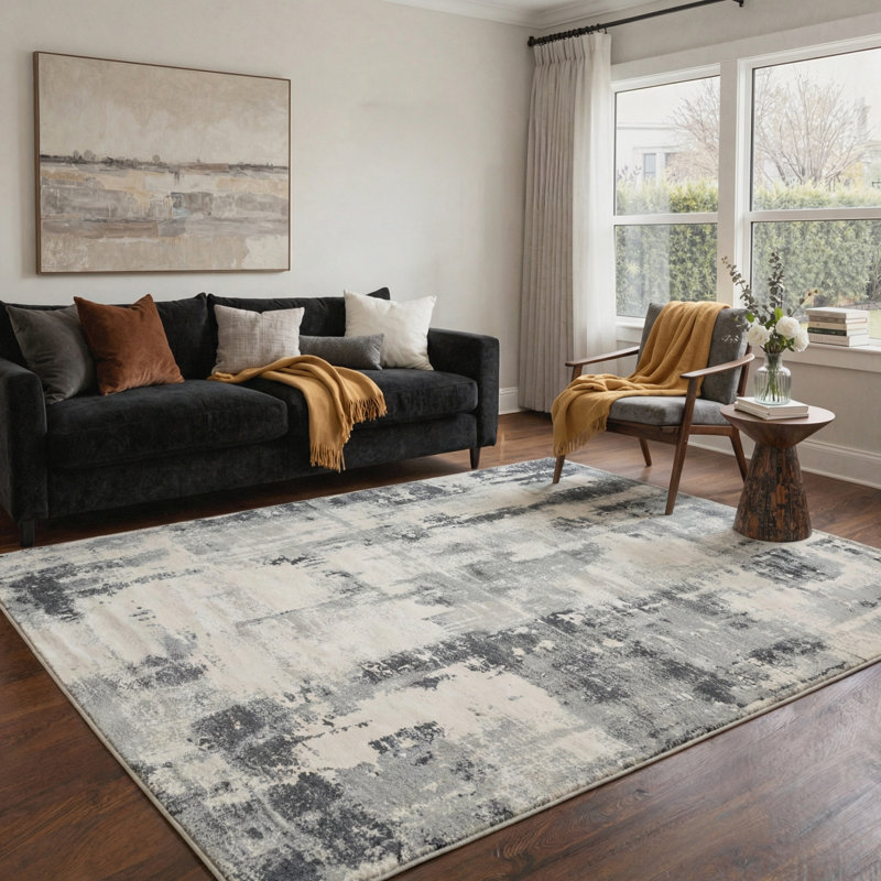 Mignone Aura Abstract Machine Washable Beige / Black / Grey Indoor Area Rug with Non-Slip Backing, Rectangle 8' x 10'
