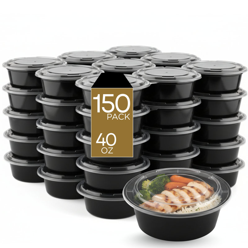 Microwaveable Round Container with Lid, 40oz, 150-Pack